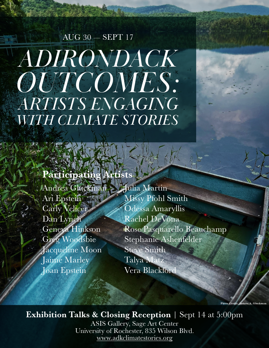 A boat on a lake surrounded by mountains with text "Adirondack Outcomes: Artists Engaging with Climate Stories."